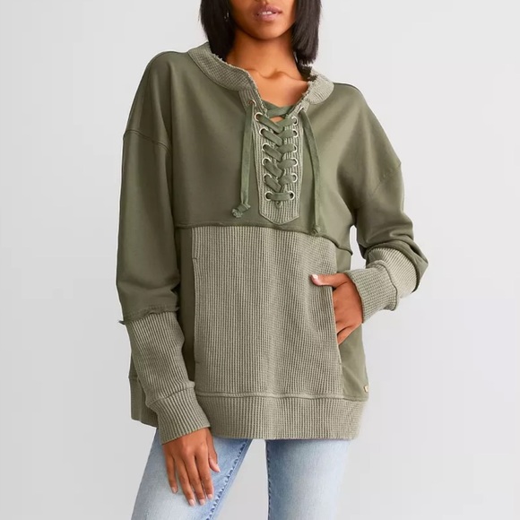 BKE Buckle Waffle Knit Lace Up Thermal Pullover, Olive Army Green, Women’s Large - Picture 14 of 16